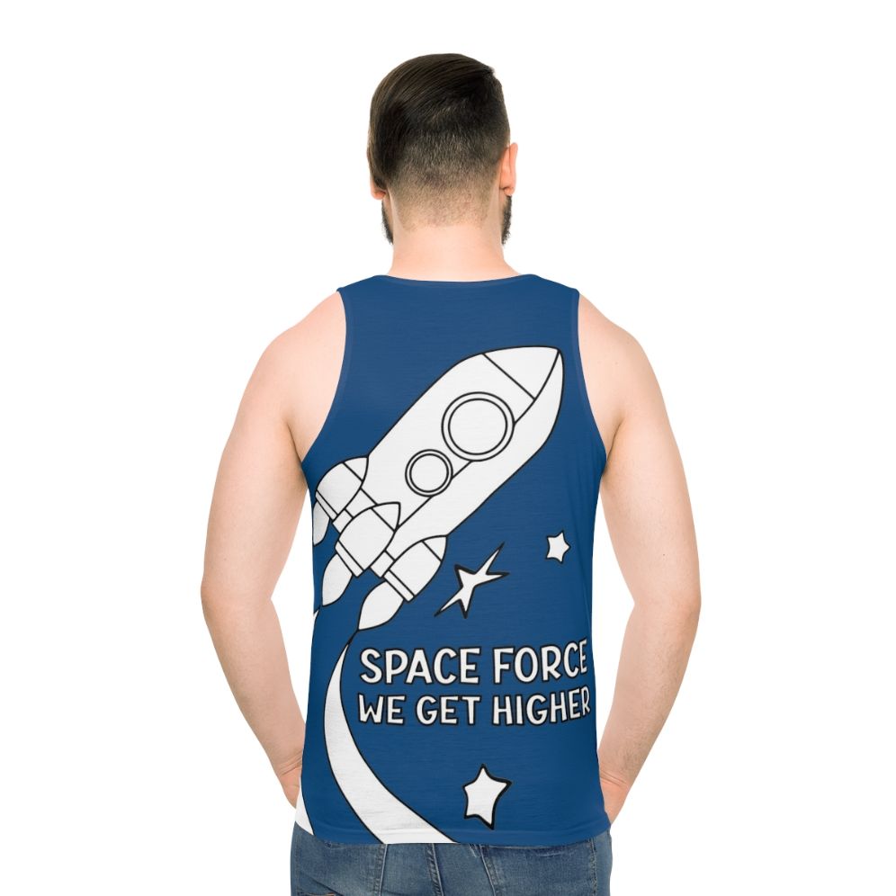 Unisex Stranger Things Space Force tank top with "We Get Higher" graphic