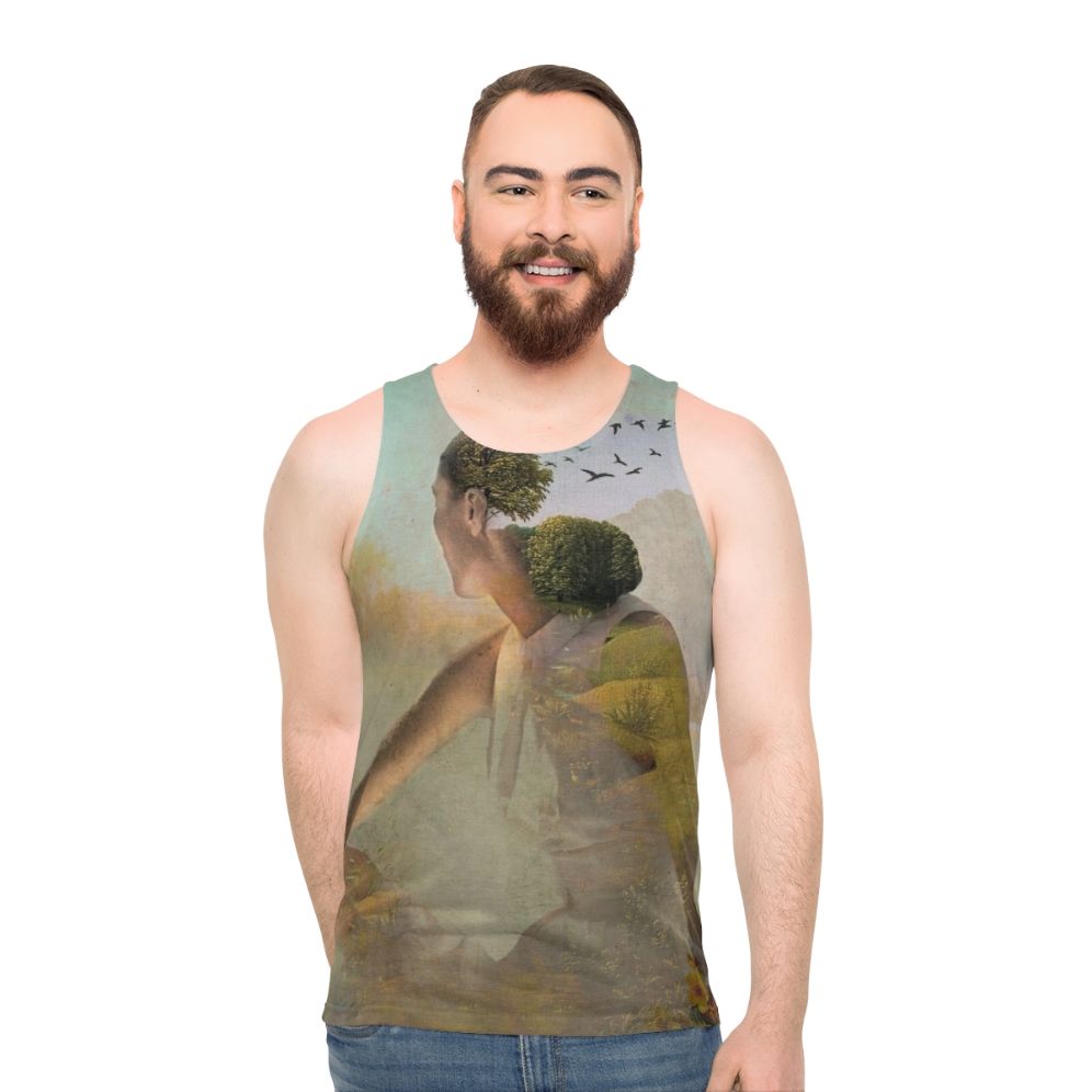 Unisex tank top with surreal collage art design