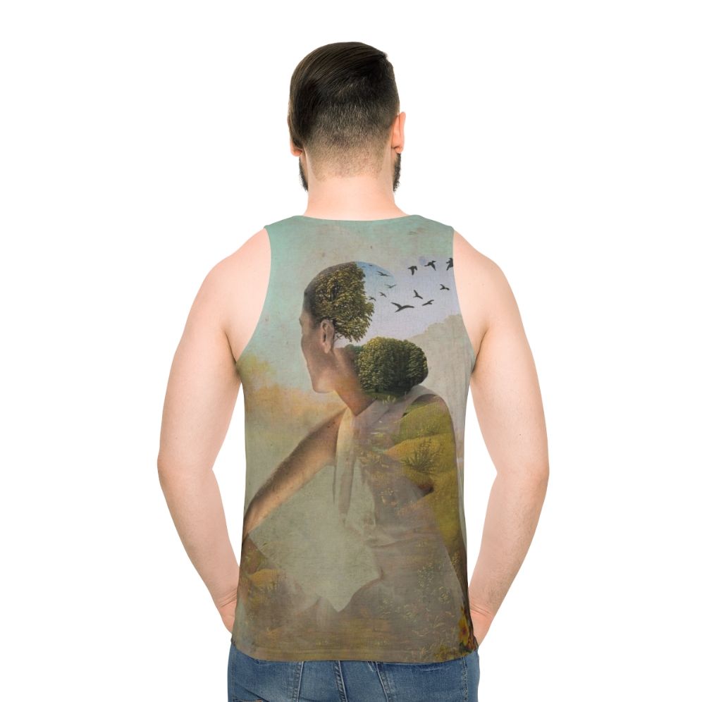 Unisex tank top with surreal collage art design