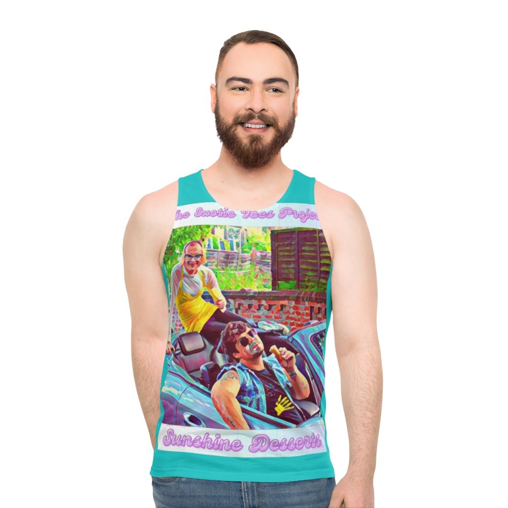 Unisex tank top with sun and dessert print