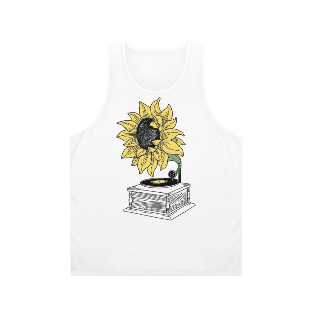 Unisex sunflower tank top with vintage music gramophone design