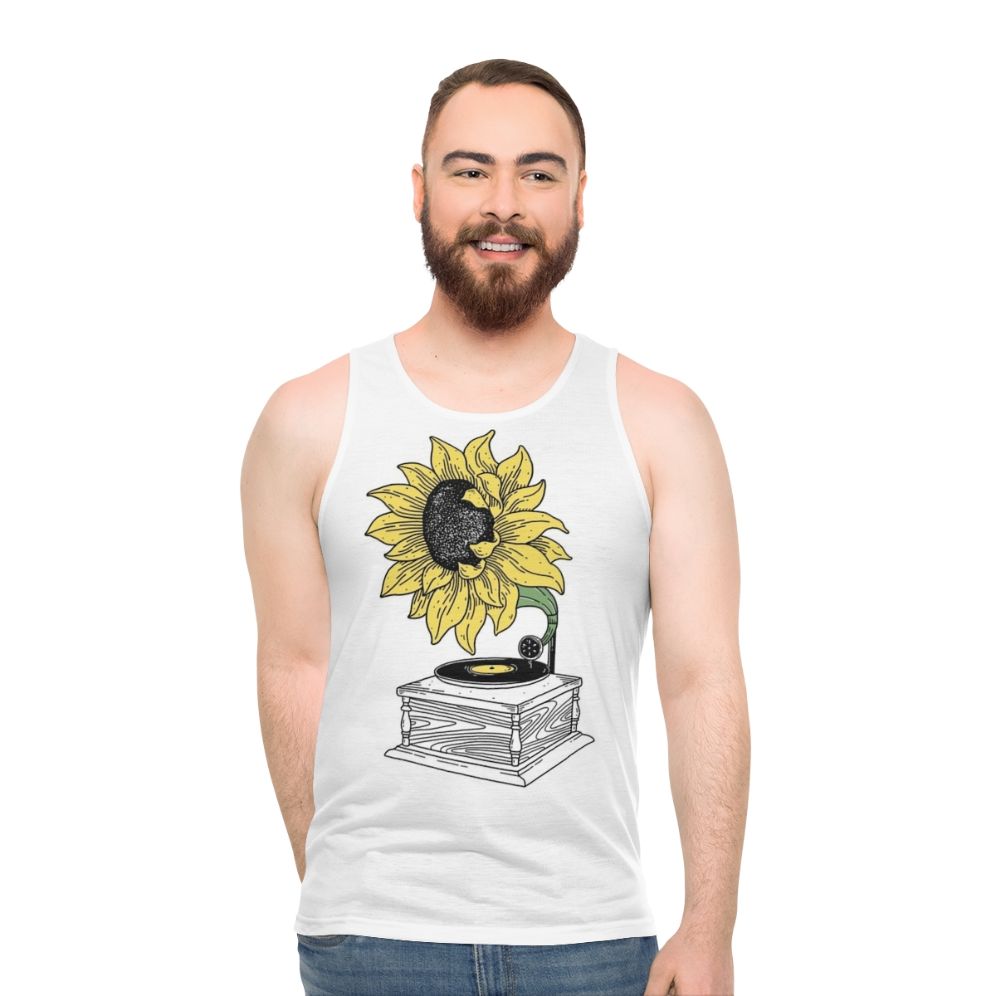 Unisex sunflower tank top with vintage music gramophone design