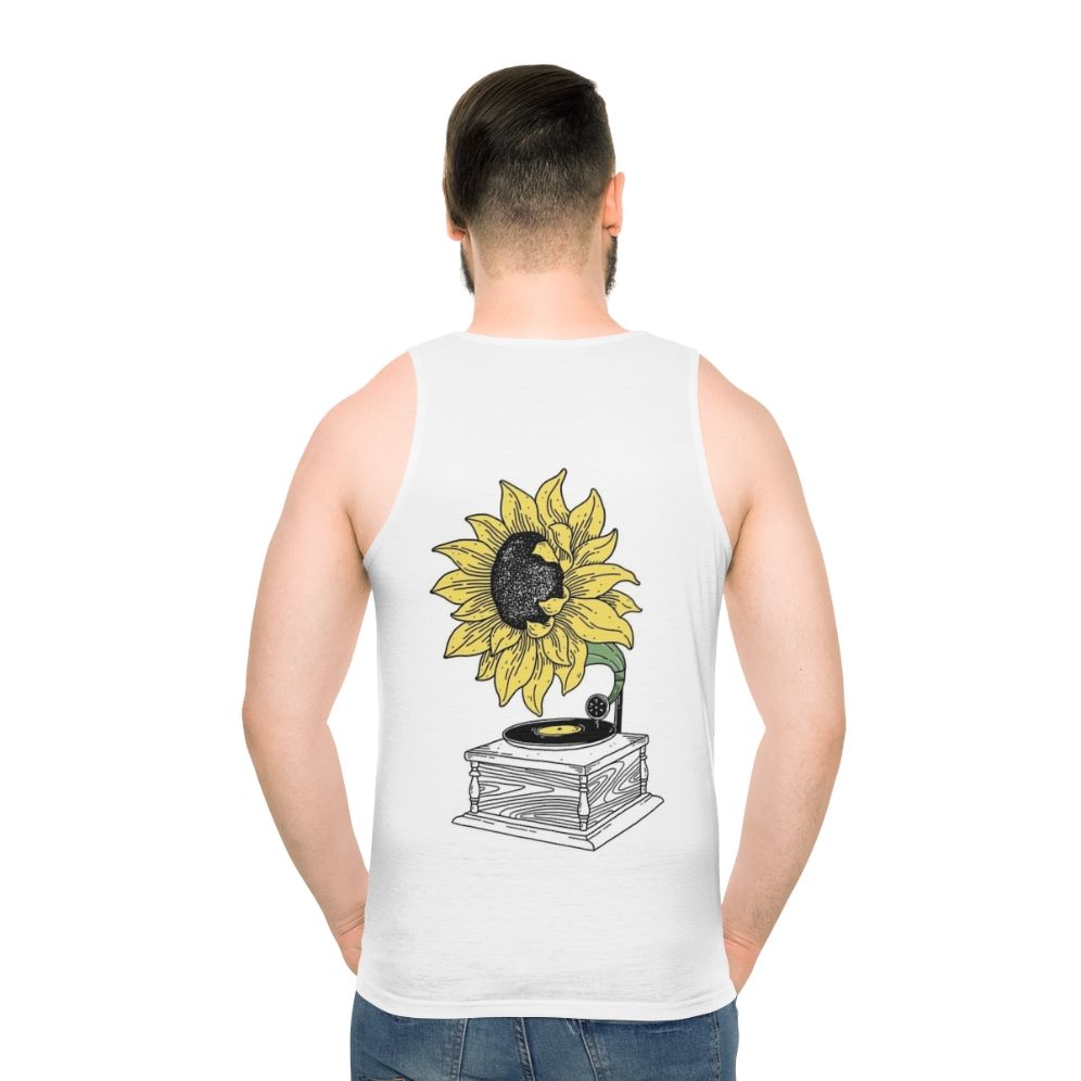 Unisex sunflower tank top with vintage music gramophone design