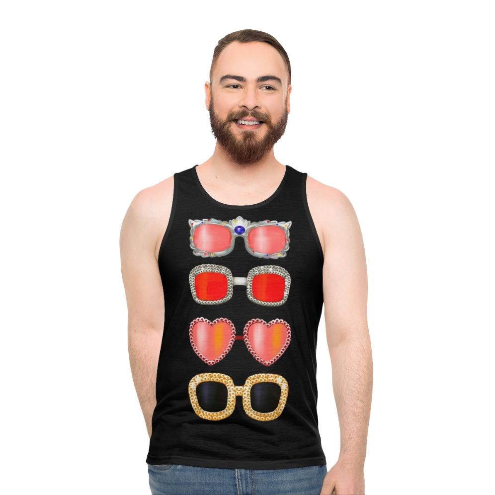 Unisex tank top with sunglasses and Elton John inspired design