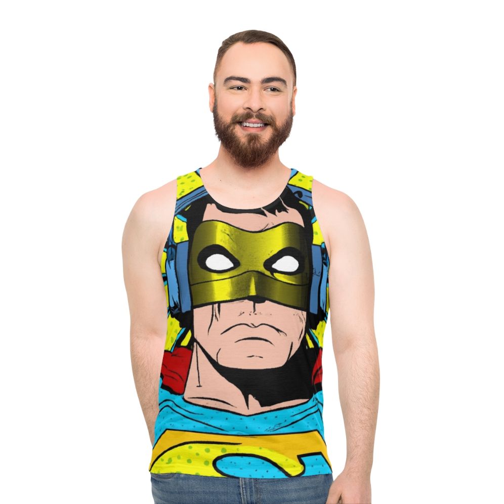 Unisex superhero wearing headphones tank top