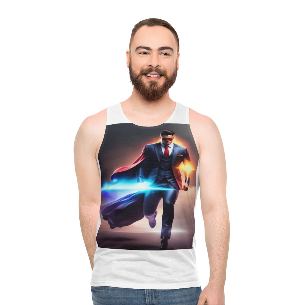 Unisex superhero tank top with graphic slogan design