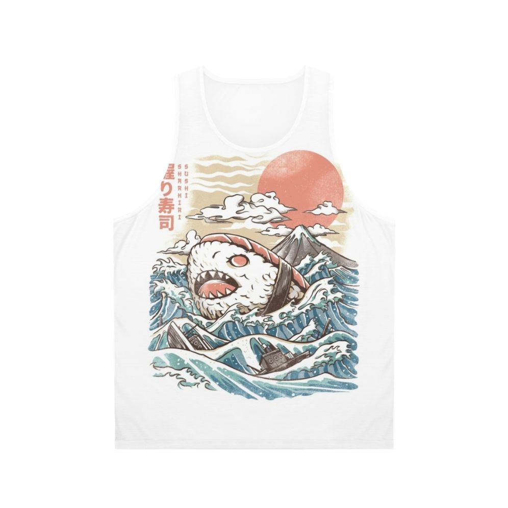 Unisex sushi tank top with anime shark and wave design