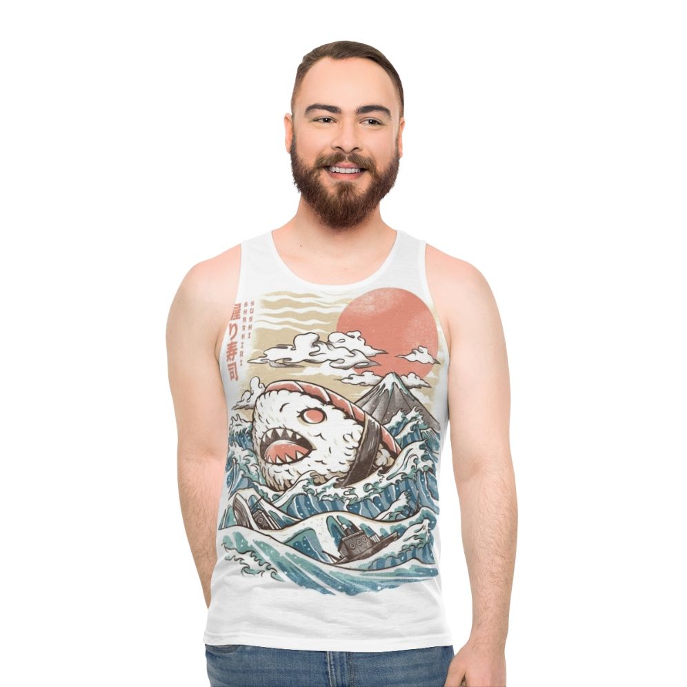 Unisex sushi tank top with anime shark and wave design