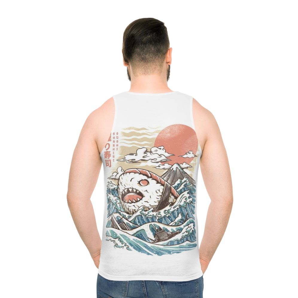 Unisex sushi tank top with anime shark and wave design