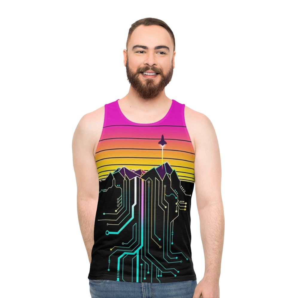 Unisex tank top with synthwave, vaporwave, and NASA space-inspired design