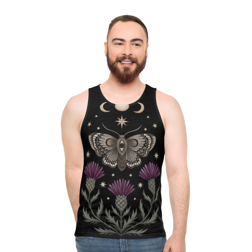 Unisex tank top with celestial moth and thistle design