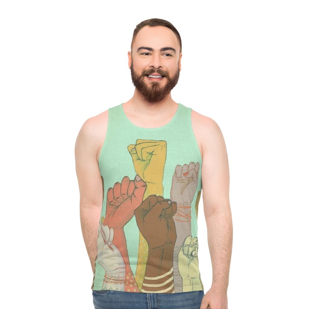 Unisex tank top with colorful arm pattern design representing diversity and unity