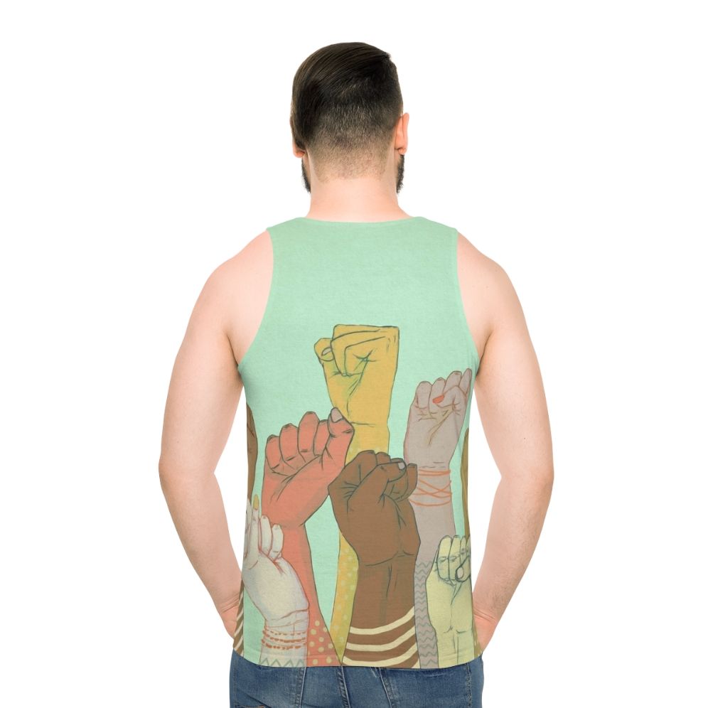 Unisex tank top with colorful arm pattern design representing diversity and unity