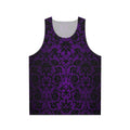 Unisex tank top with purple and black damask floral pattern