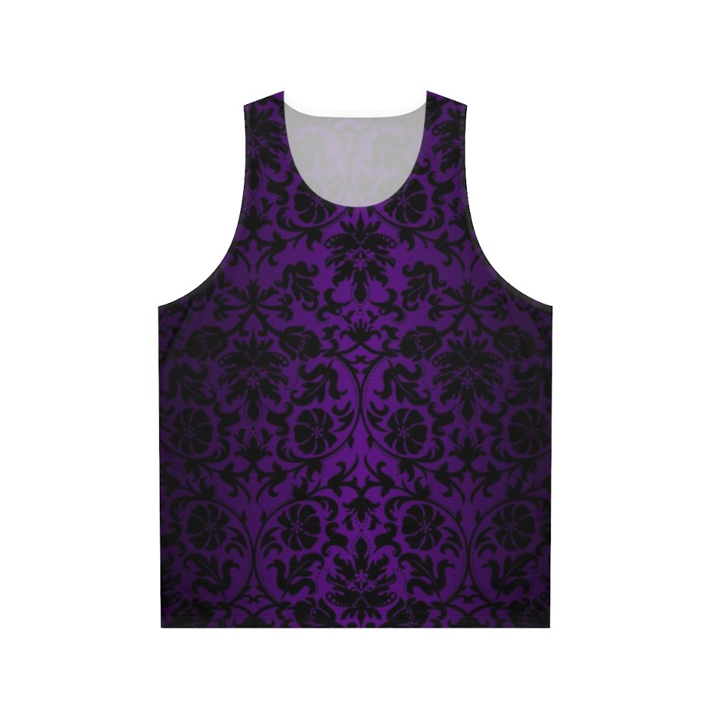 Unisex tank top with purple and black damask floral pattern