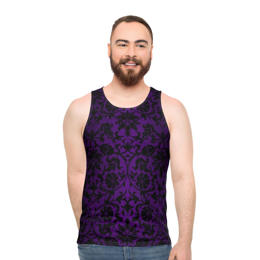 Unisex tank top with purple and black damask floral pattern
