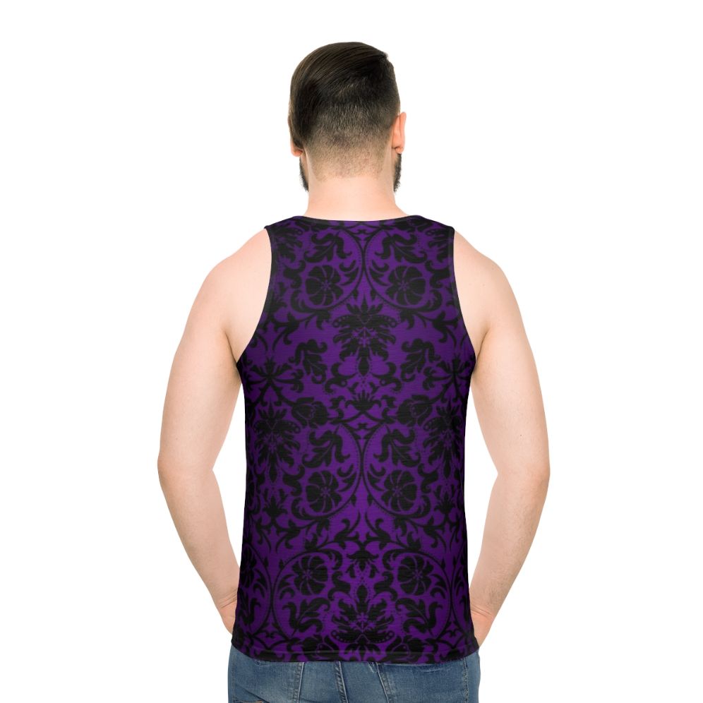 Unisex tank top with purple and black damask floral pattern