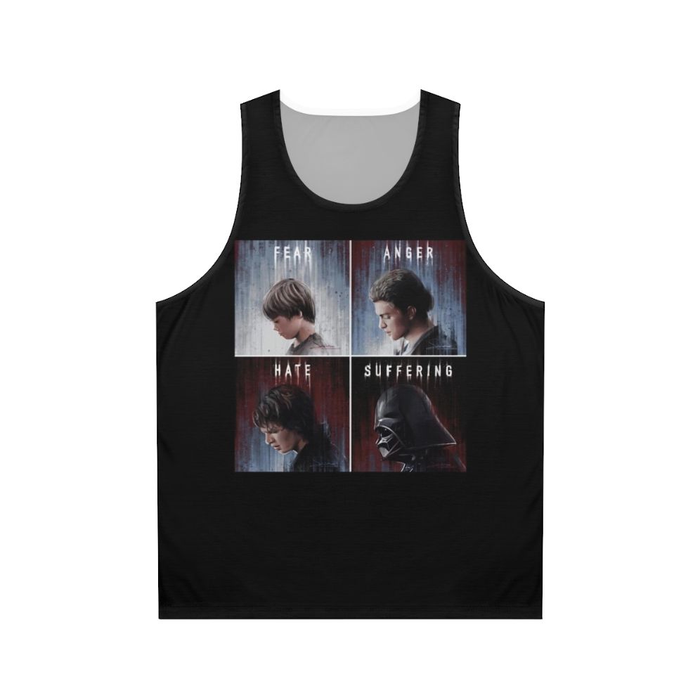Unisex tank top with text "Fear Anger Hate Suffering"