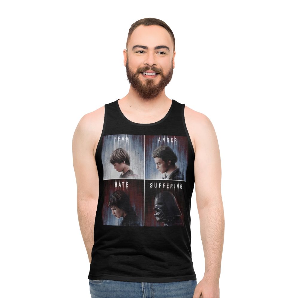 Unisex tank top with text "Fear Anger Hate Suffering"