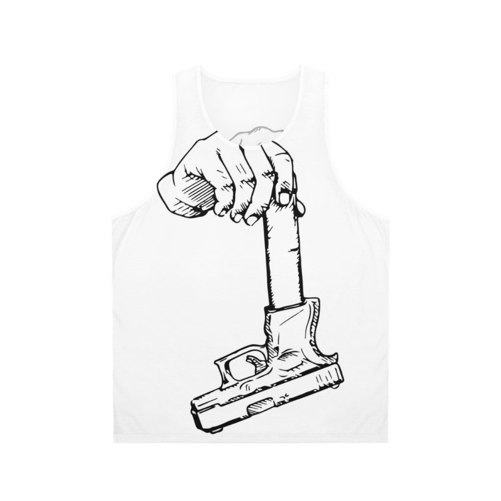Unisex tank top with extended clip graphic
