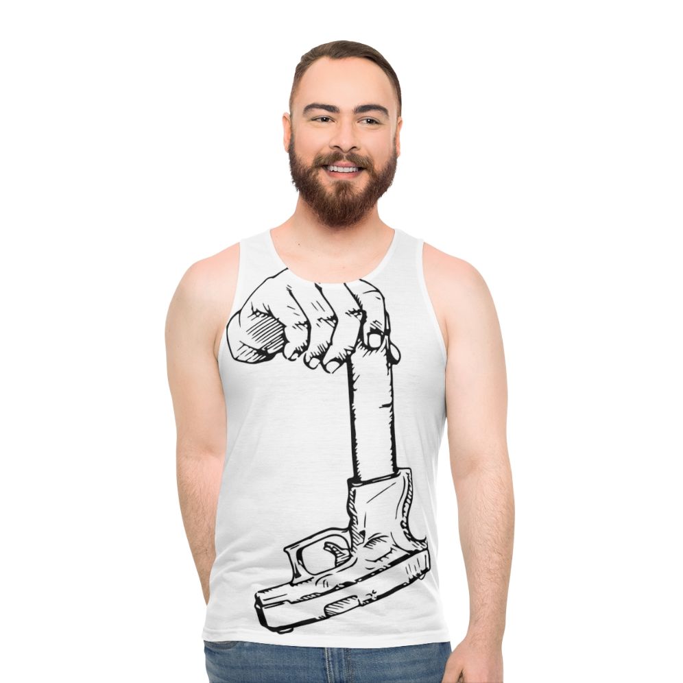 Unisex tank top with extended clip graphic