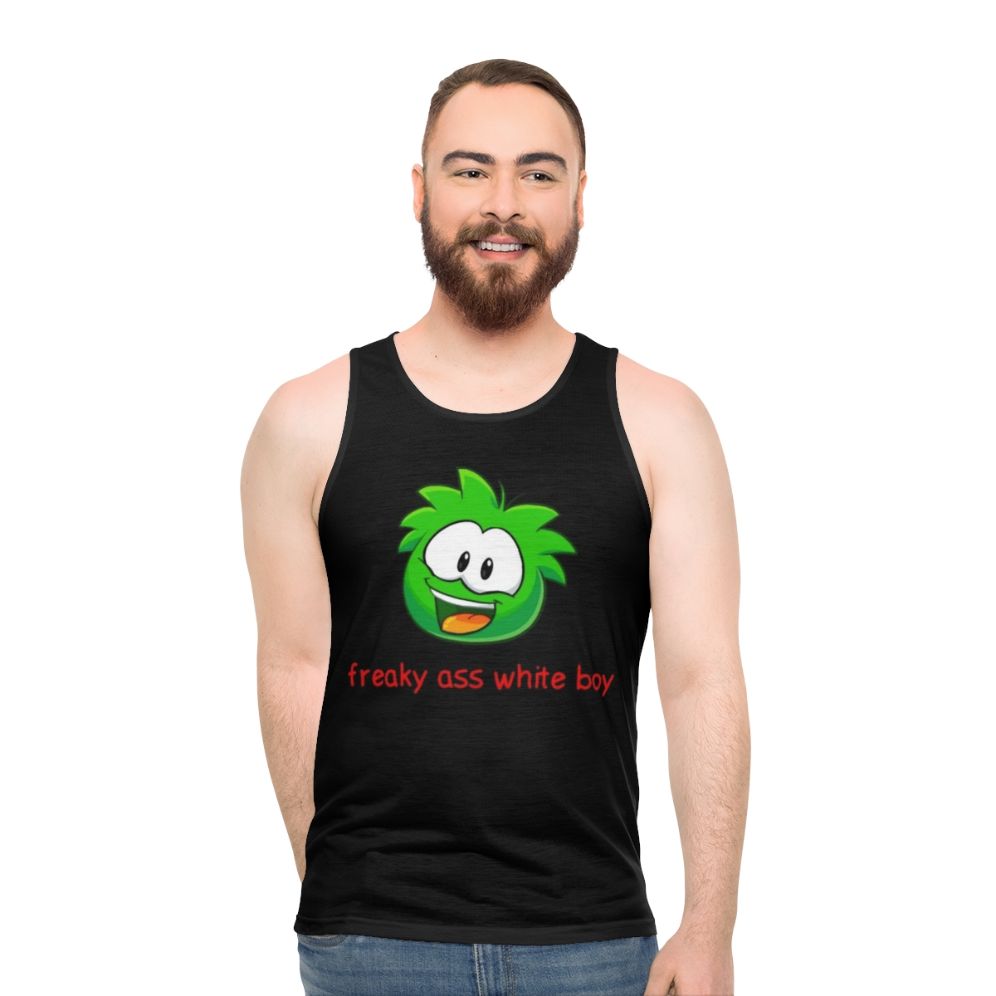 Unisex tank top with freaky ass white boy graphic design