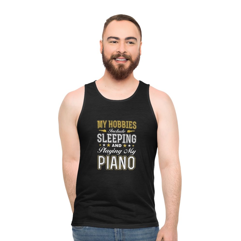 Unisex tank top for hobbies like sleeping and playing piano