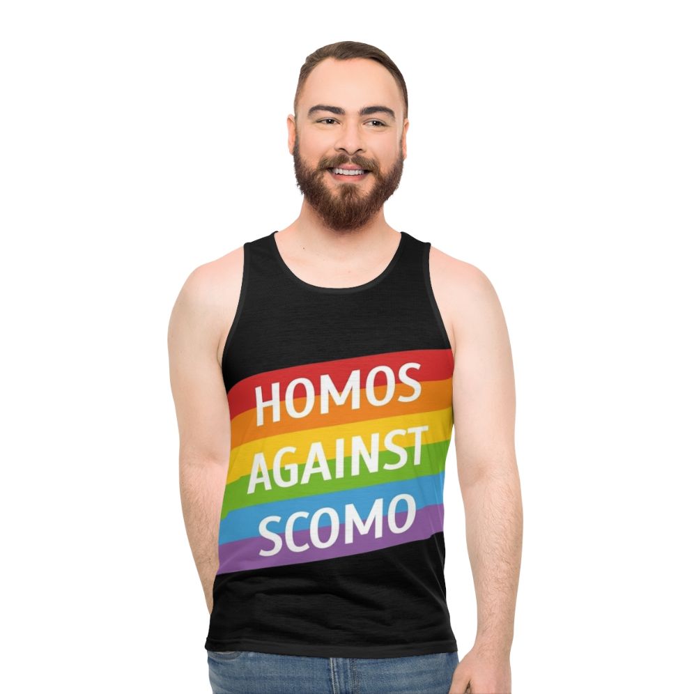 Unisex tank top with slogan "Homos Against Scomo" for LGBTQ activism