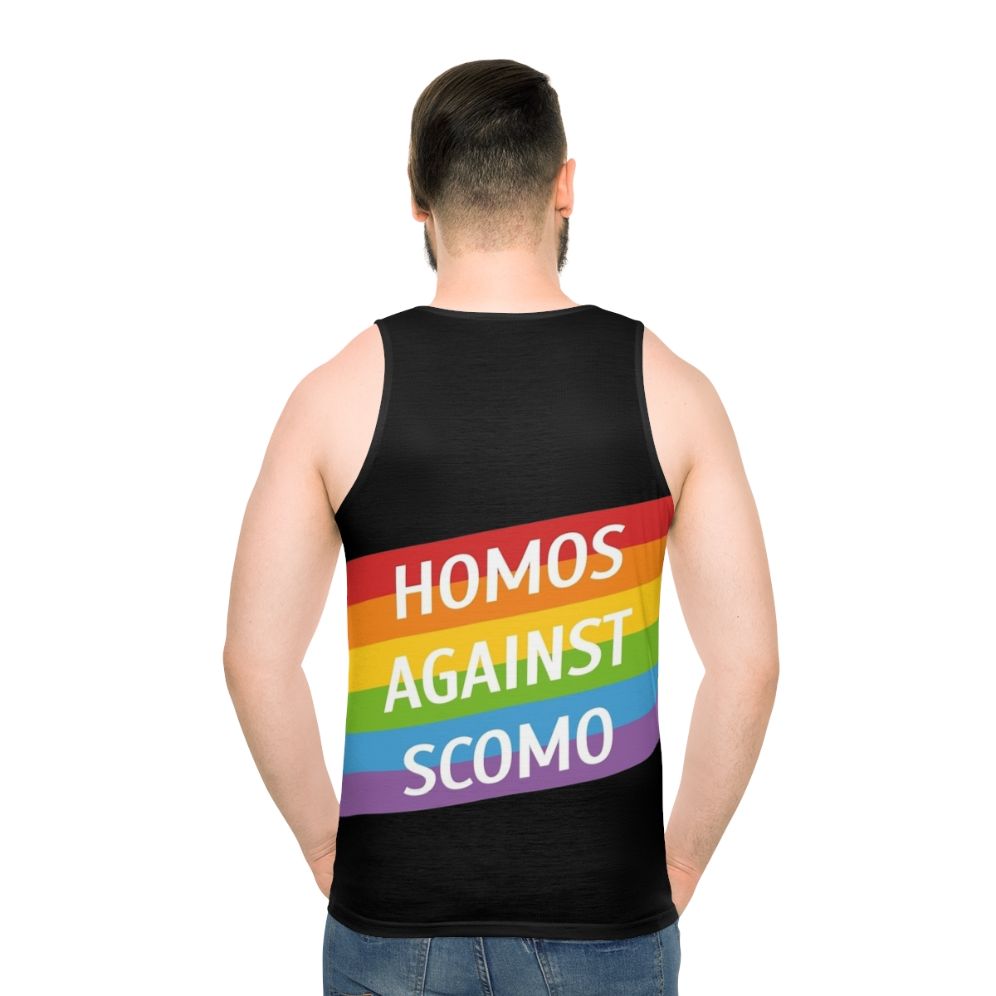 Unisex tank top with slogan "Homos Against Scomo" for LGBTQ activism