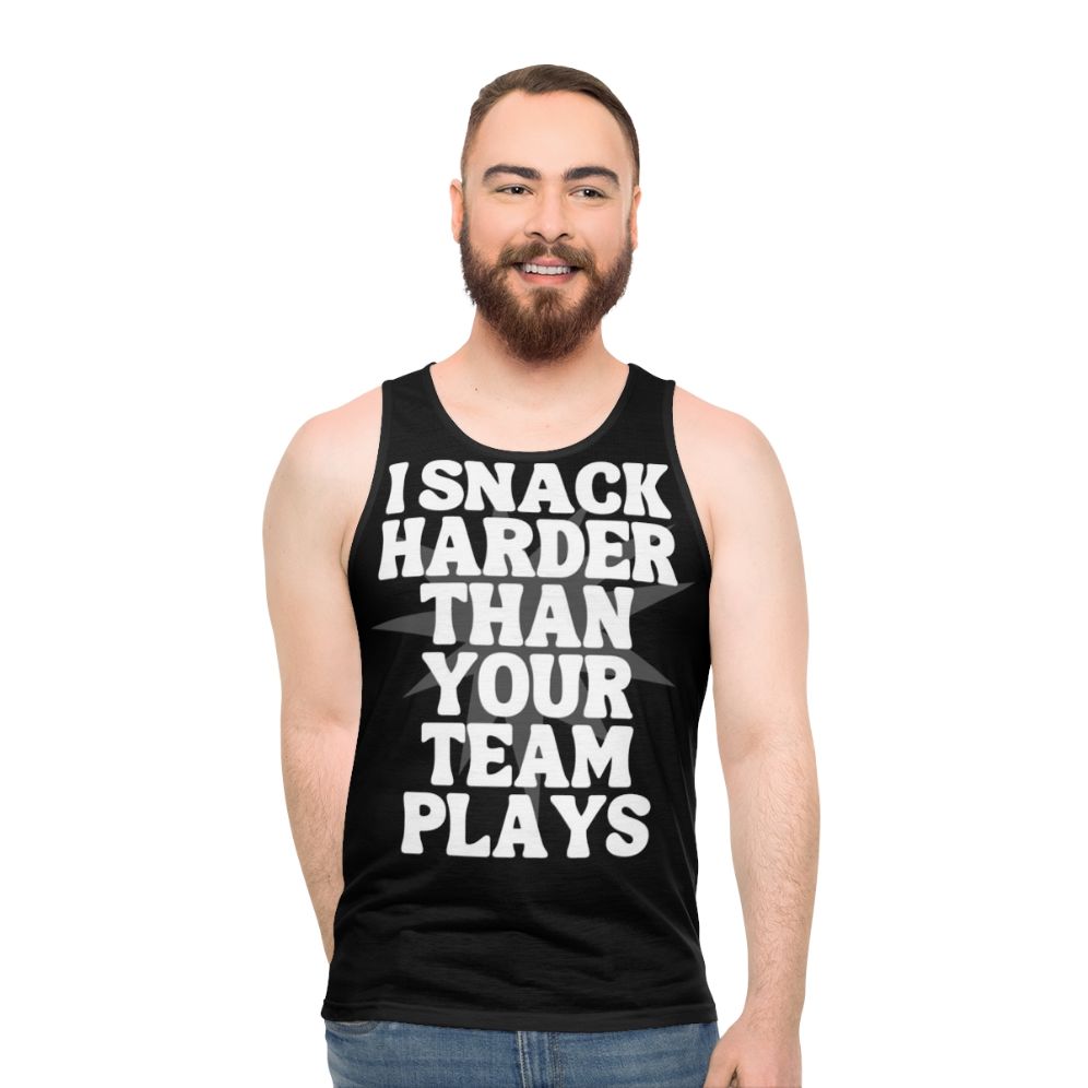 Unisex tank top with "I Snack Harder Than Your Team Plays" funny quote