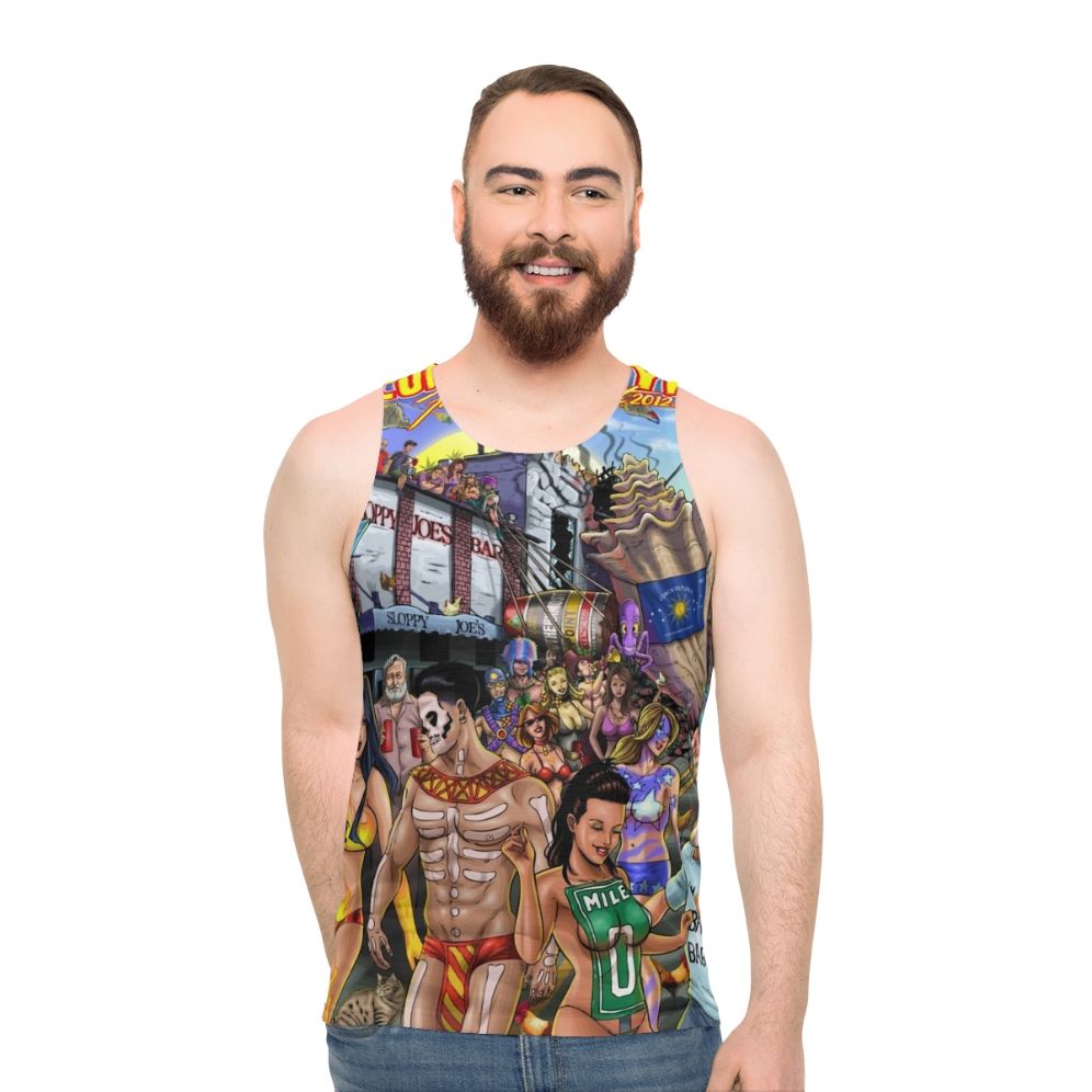 Unisex tank top with comic book-inspired superhero and sex toy design