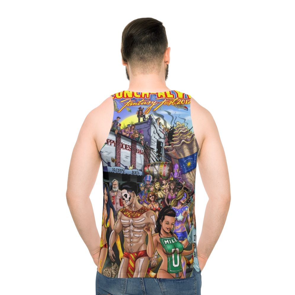 Unisex tank top with comic book-inspired superhero and sex toy design