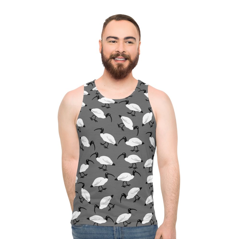 Unisex tank top with a digital print design featuring lots of bin chickens (ibis) scavenging in trash bins