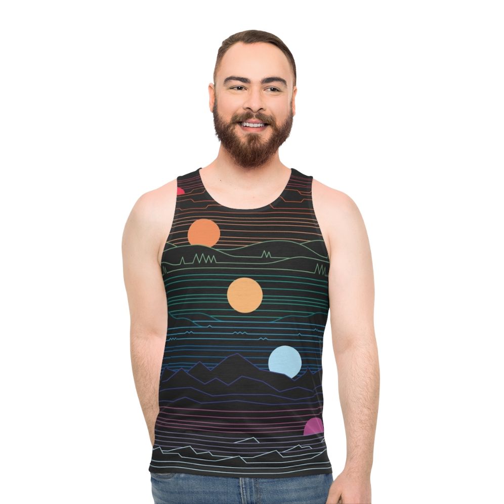 Unisex tank top with minimalist nature and celestial design