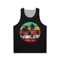 Unisex tank top with tree silhouette and sunset landscape
