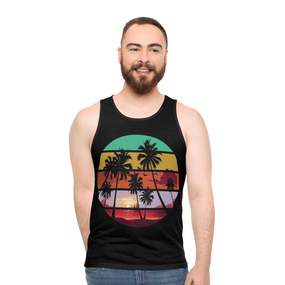 Unisex tank top with tree silhouette and sunset landscape