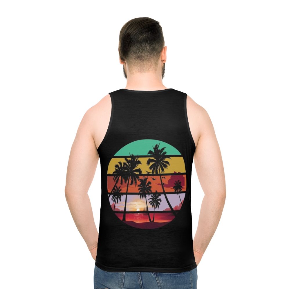 Unisex tank top with tree silhouette and sunset landscape