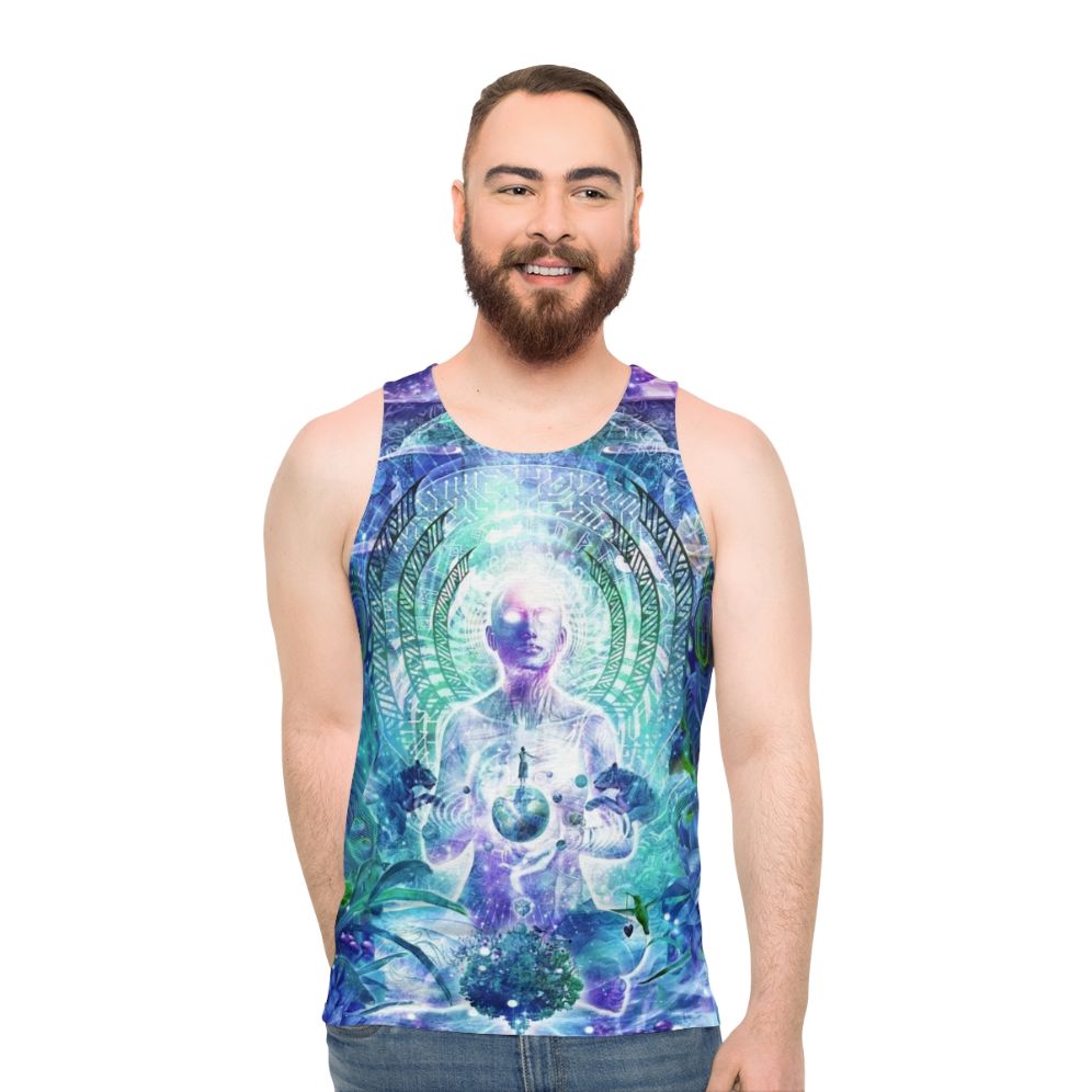Unisex tank top with psychedelic nature and space-themed design by artist Cameron Gray