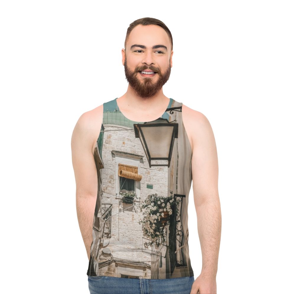 Unisex tank top featuring a stunning Mediterranean landscape from Puglia, Italy