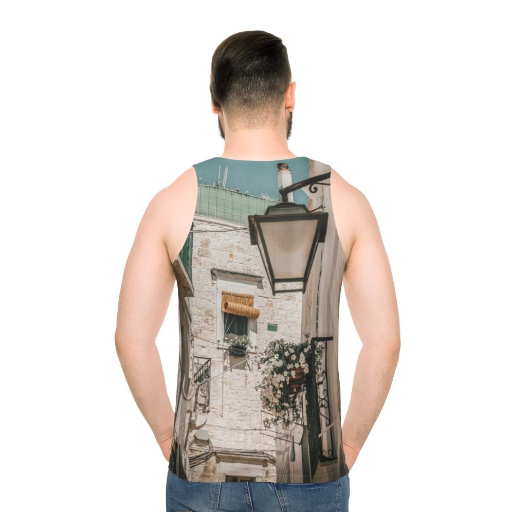 Unisex tank top featuring a stunning Mediterranean landscape from Puglia, Italy