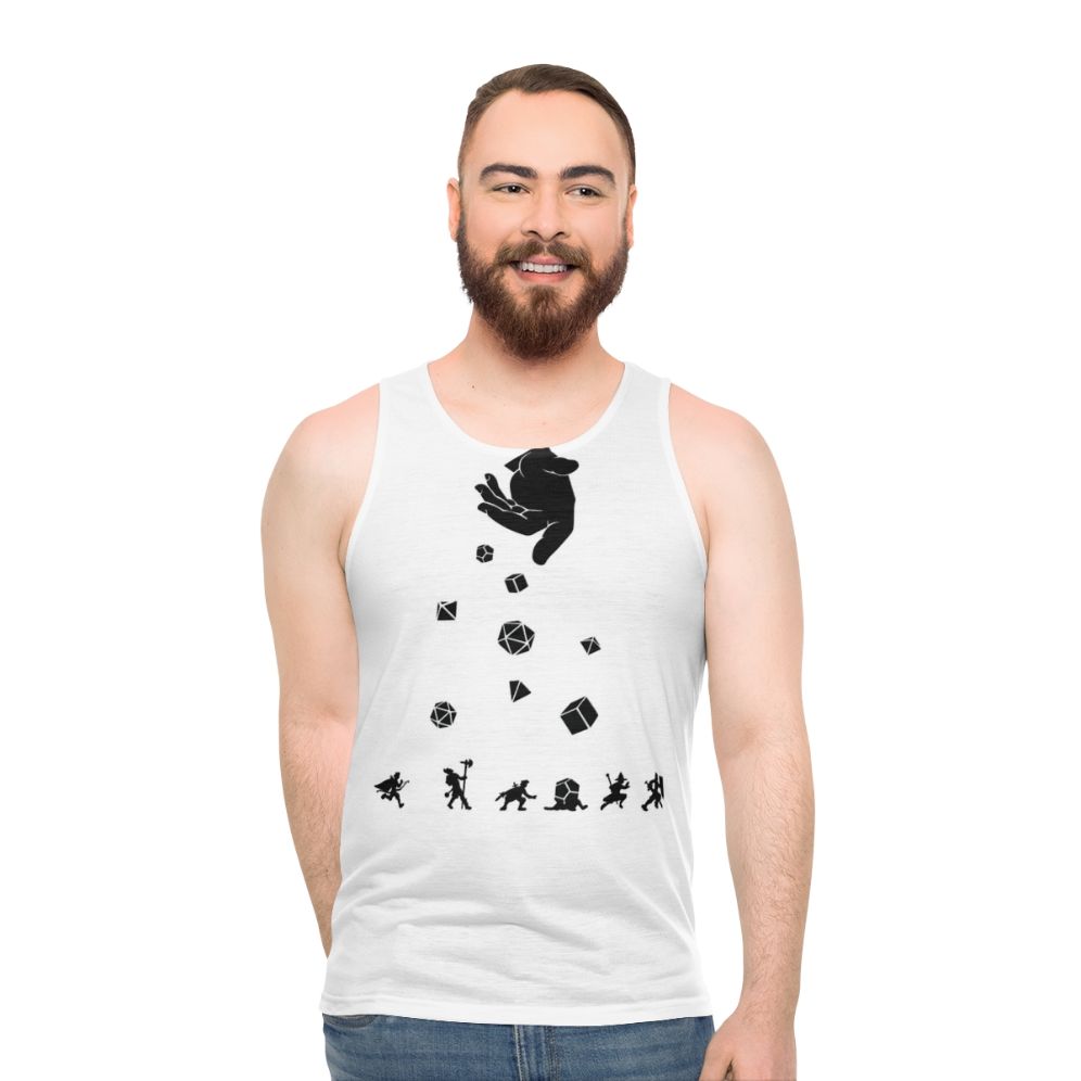 Unisex tank top featuring "Rocks Fall Everyone Dice" design for tabletop gamers
