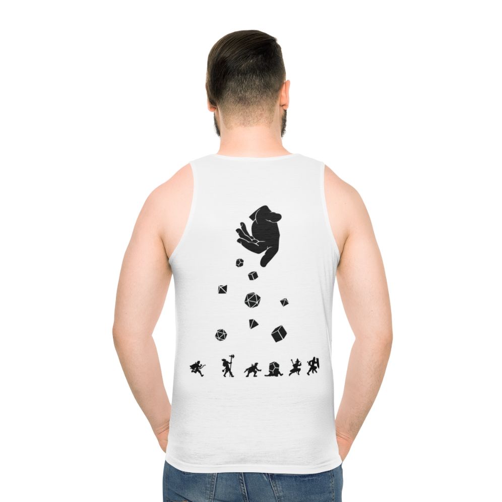 Unisex tank top featuring "Rocks Fall Everyone Dice" design for tabletop gamers