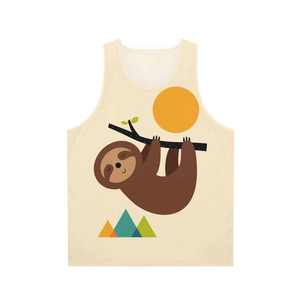 Unisex tank top with a sloth design, encouraging a slow and relaxed lifestyle