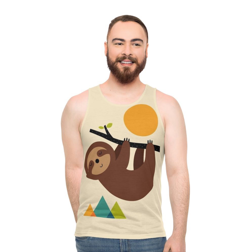 Unisex tank top with a sloth design, encouraging a slow and relaxed lifestyle