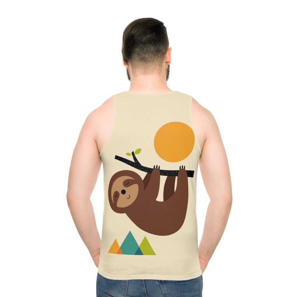 Unisex tank top with a sloth design, encouraging a slow and relaxed lifestyle