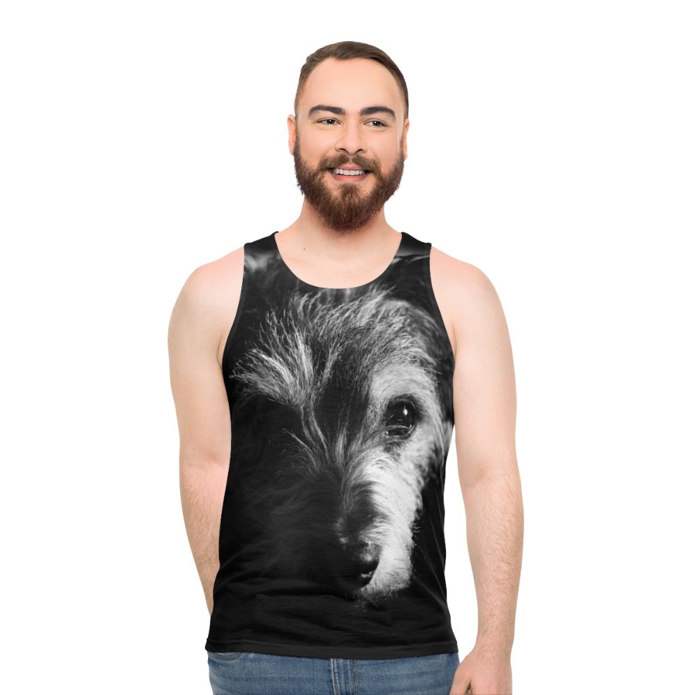 Unisex black and white terrier dog print tank top