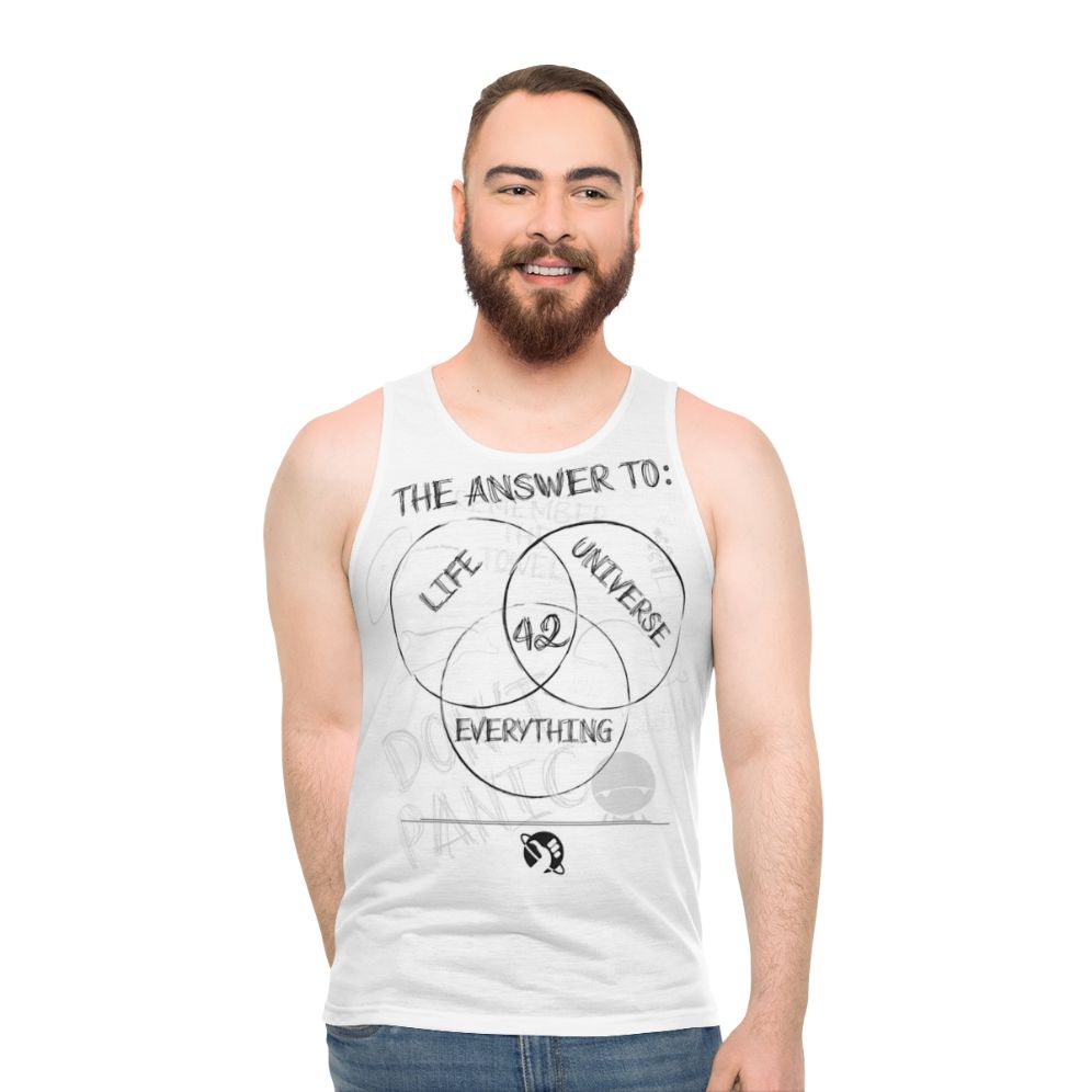 Unisex tank top featuring a Venn diagram design inspired by Hitchhikers Guide to the Galaxy