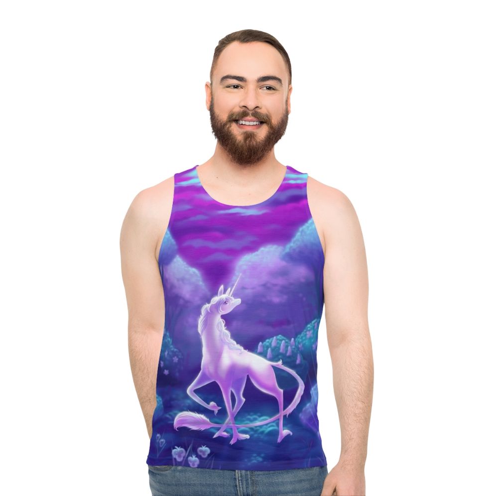 Unisex tank top featuring a minimalist design of the iconic unicorn from 'The Last Unicorn'