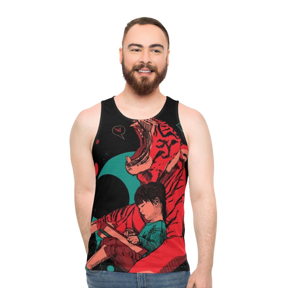 Unisex fantasy graphic tank top featuring a tiger and girl