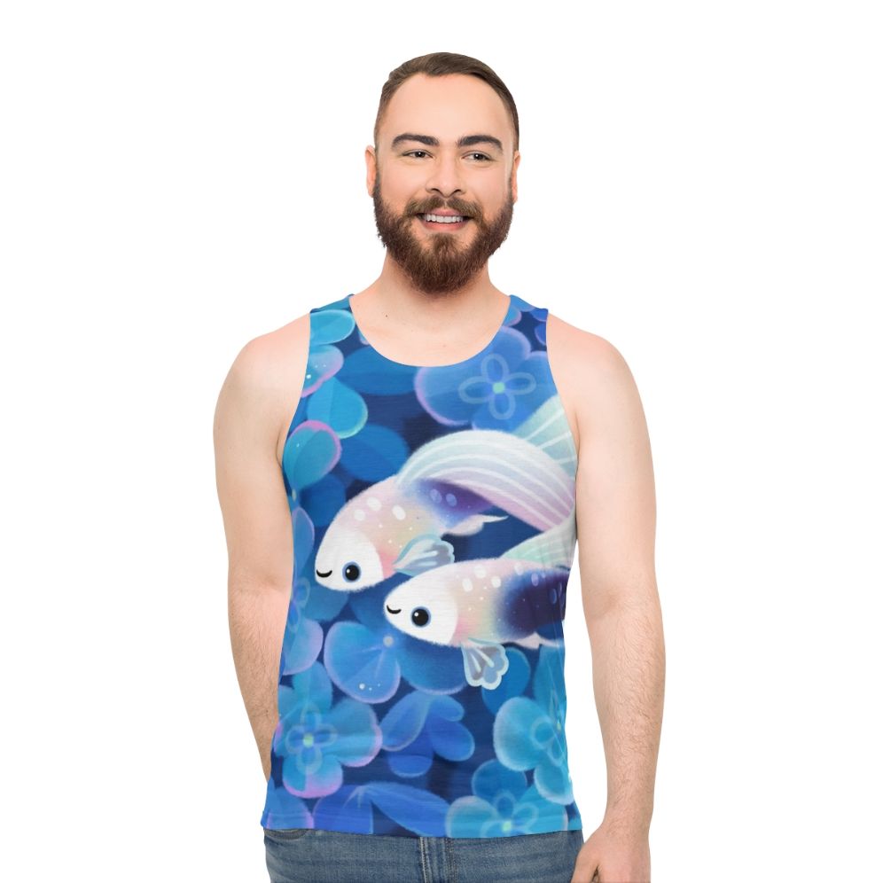 Unisex tuxedo guppy tank top with blue hydrangea floral design